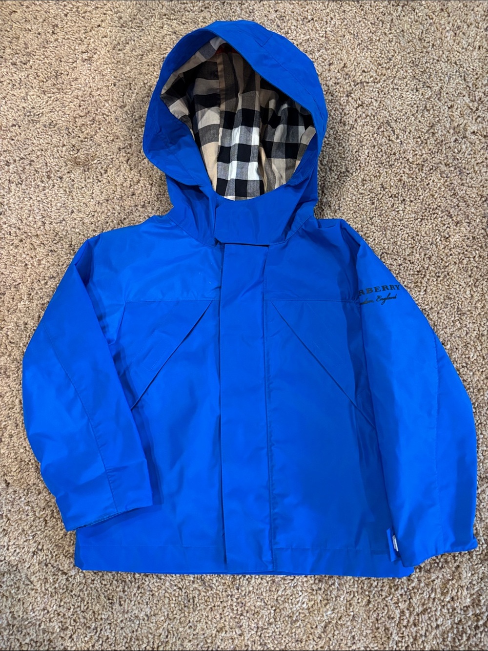 Burberry Kids Royal Blue Hooded Raincoat with Check Lining, size 3